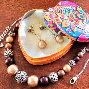 Brighton Corteo Bronze, Silver, and Champagne Bead Necklace and Earrings